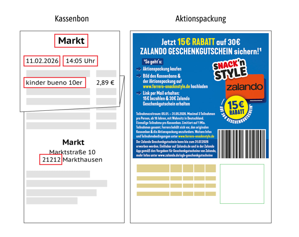 Kassenbon Beispiel Bild mit Händler, Datum, Uhrzeit, Postleitzahl, Aktionsprodukt und Gesamtsumme.