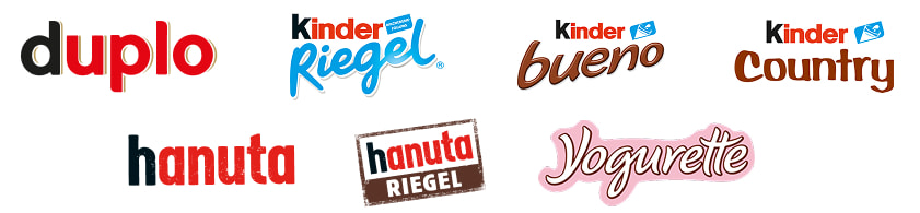 Marken logos: duplo, kinder Riegel, kinder bueno, kinder Country, hanuta, hanuta Riegel, Yogurette